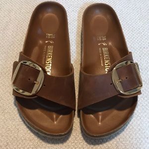 Birkenstock The Madrid.  Oiled leather Cognac. Gold Buckle. Size 38.